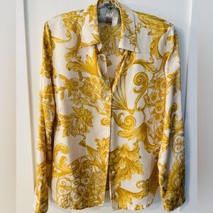 Vintage Style Gold Baroque Print Blouse Cream Long Sleeve Size S